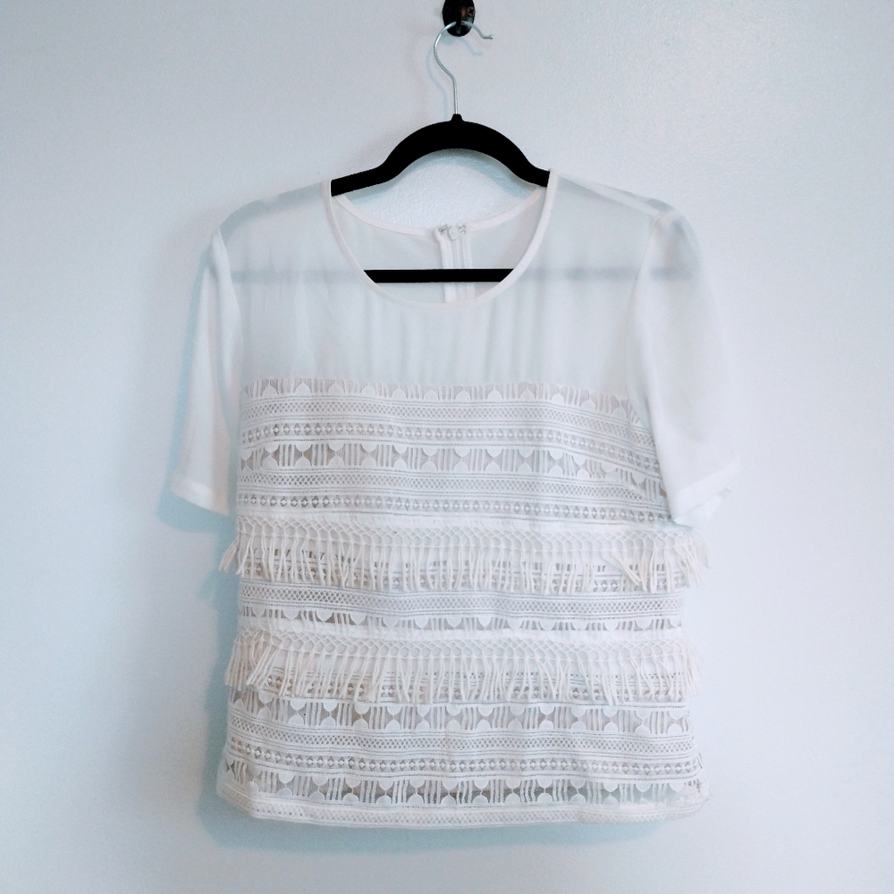 NWT Greylin white boho fringe tassel striped top. Size large